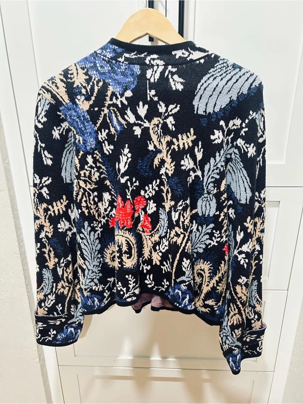 Anthropologie Floral Jacquard Cardigan in Navy, Red & Cream with Blue Accents - Picture 6 of 10